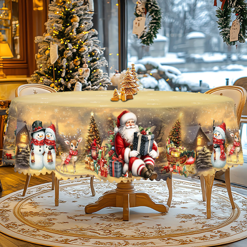 Christmas Round Tablecloth – Festive Holiday Table Cover with Red & Black Plaid Trees, Ornaments, and Snowflake Design"