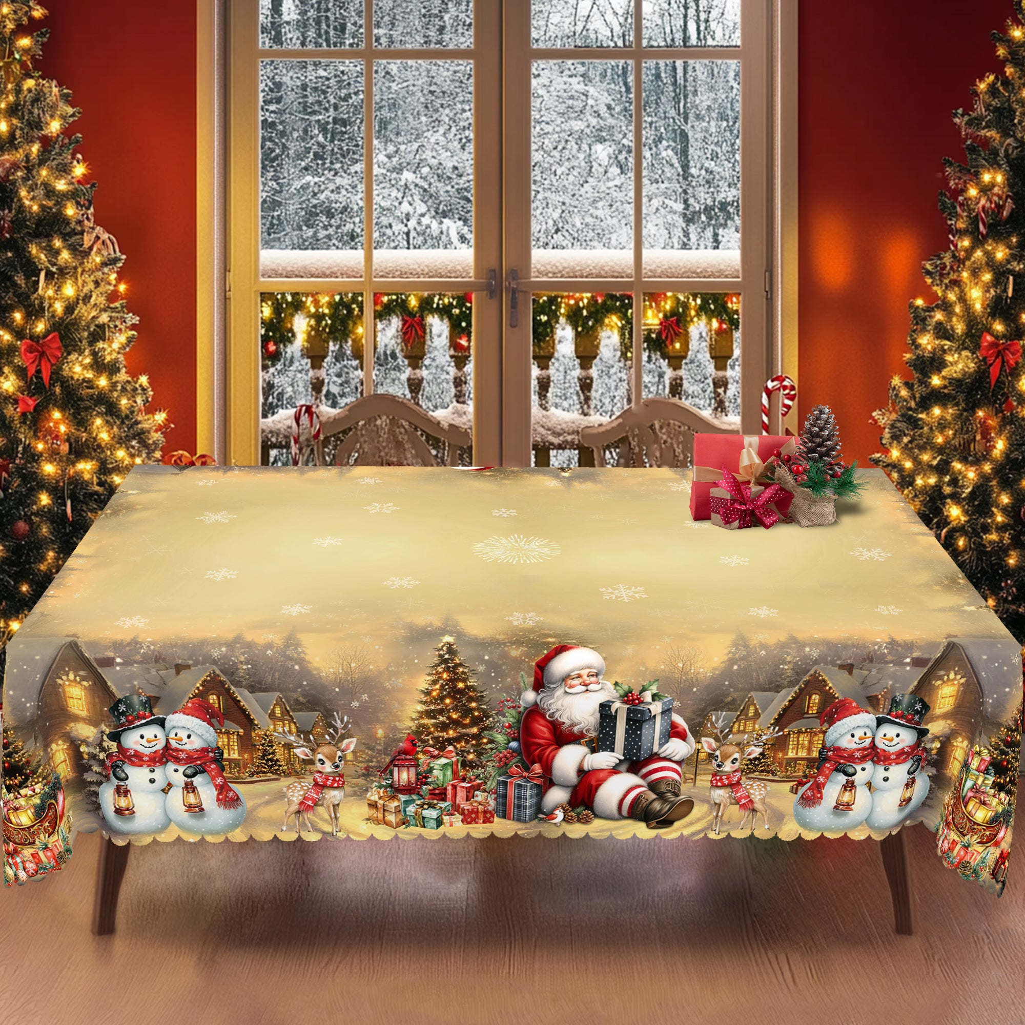 Christmas Round Tablecloth – Festive Holiday Table Cover with Red & Black Plaid Trees, Ornaments, and Snowflake Design"