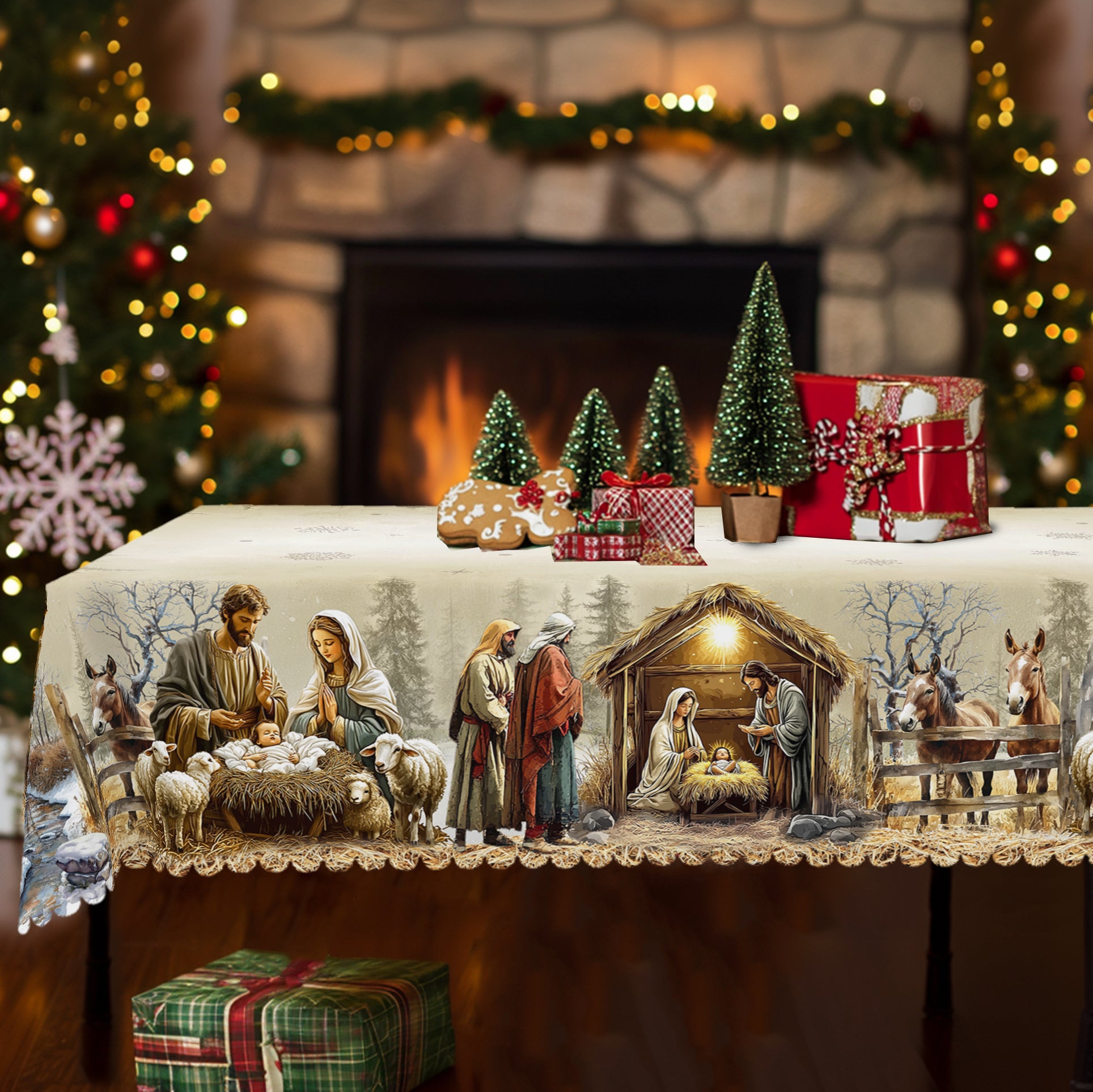 Christmas Round Tablecloth – Festive Holiday Table Cover with Red & Black Plaid Trees, Ornaments, and Snowflake Design"