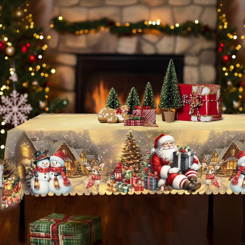 Christmas Round Tablecloth – Festive Holiday Table Cover with Red & Black Plaid Trees, Ornaments, and Snowflake Design"