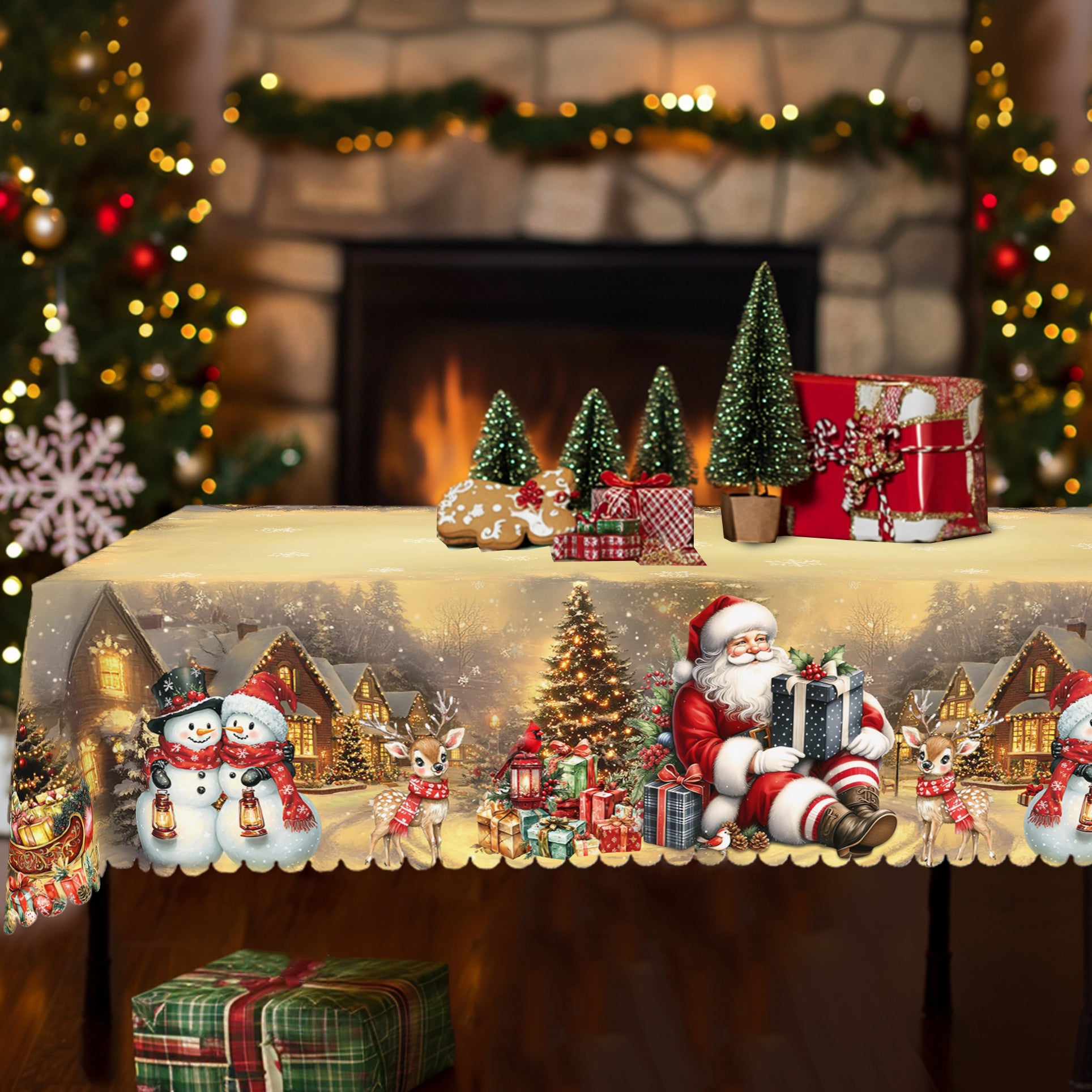 Christmas Round Tablecloth – Festive Holiday Table Cover with Red & Black Plaid Trees, Ornaments, and Snowflake Design"