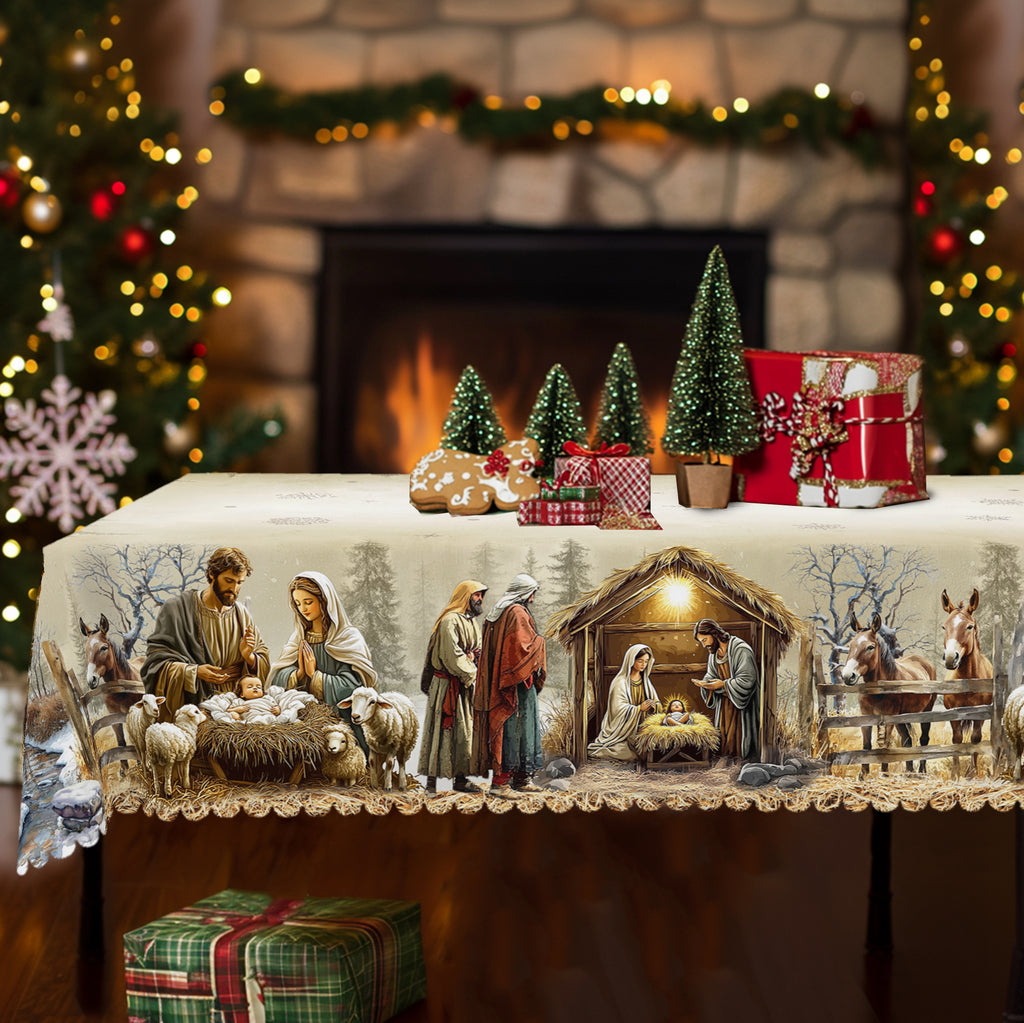 Christmas Round Tablecloth – Festive Holiday Table Cover with Red & Black Plaid Trees, Ornaments, and Snowflake Design"