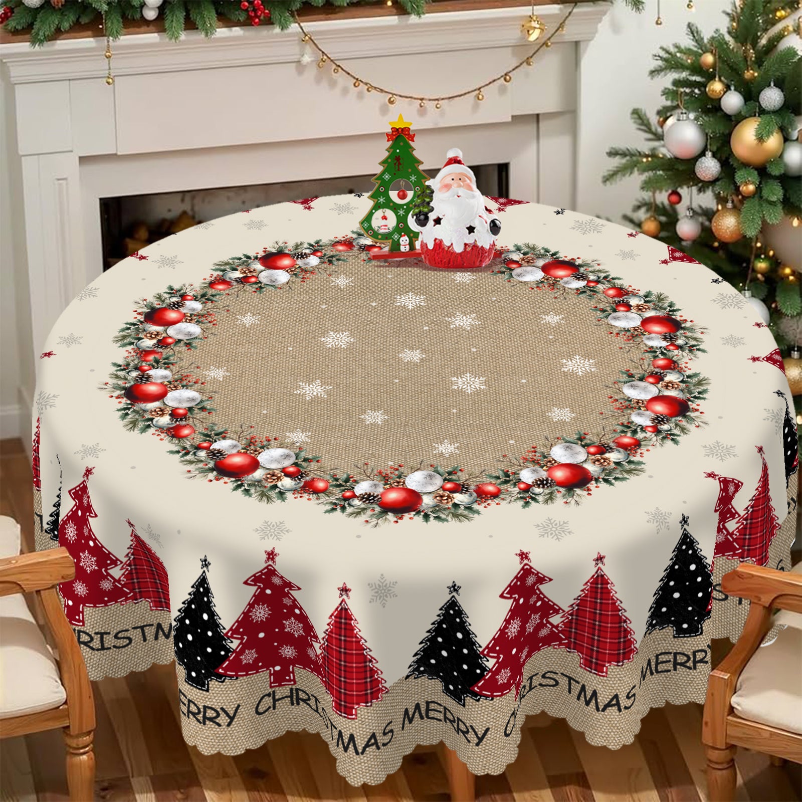 Christmas Round Tablecloth – Festive Holiday Table Cover with Red & Black Plaid Trees, Ornaments, and Snowflake Design"