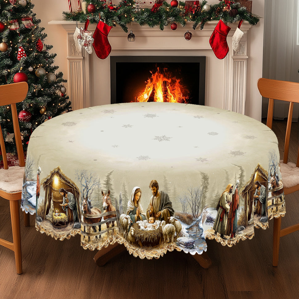 Christmas Round Tablecloth – Festive Holiday Table Cover with Red & Black Plaid Trees, Ornaments, and Snowflake Design"